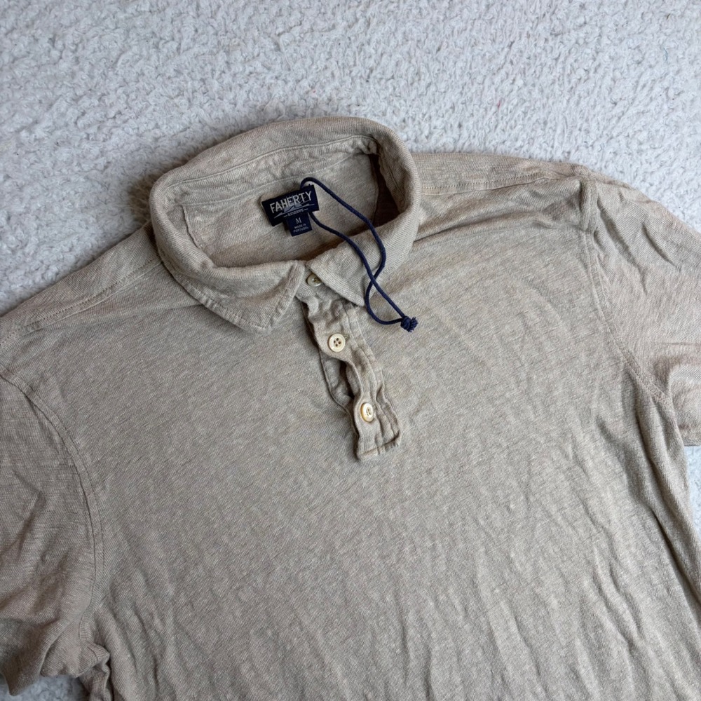Faherty Reserve Mens 100% Linen Polo Shirt Tan Beige Short Sleeve M Portugal